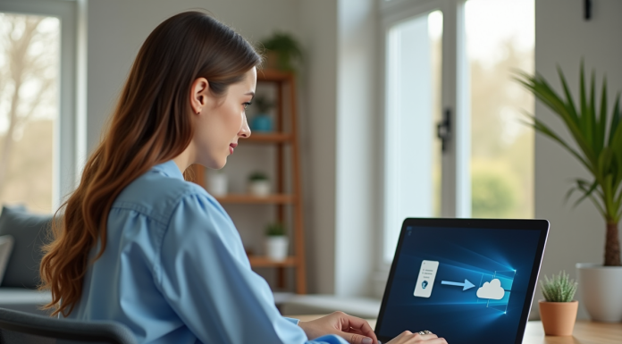 Jeune femme au bureau avec ordinateur portable et espace lumineux