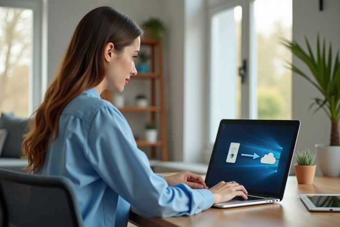 Jeune femme au bureau avec ordinateur portable et espace lumineux