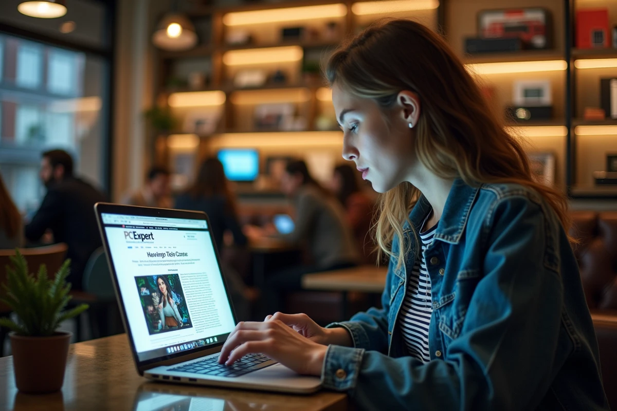 Jeune femme lisant un magazine informatique sur son ordinateur portable