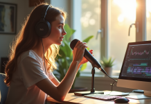 Jeune femme enregistrant un podcast avec micro et casque