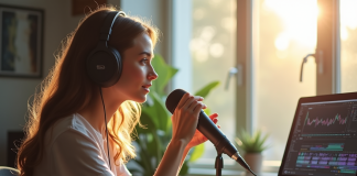 Jeune femme enregistrant un podcast avec micro et casque