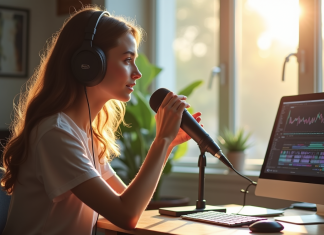 Jeune femme enregistrant un podcast avec micro et casque
