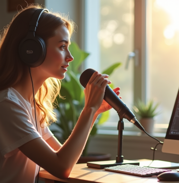 Jeune femme enregistrant un podcast avec micro et casque