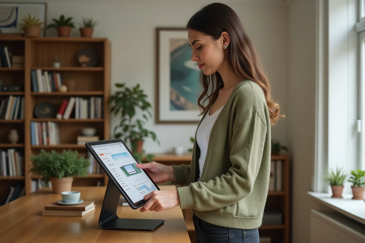Jeune femme consultant une messagerie web Melanie sur tablette dans un bureau à domicile
