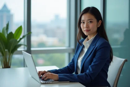 Femme d'affaires en costume bleu dans un bureau moderne