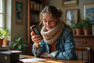 Jeune femme vintage denim et smartphone orange noir