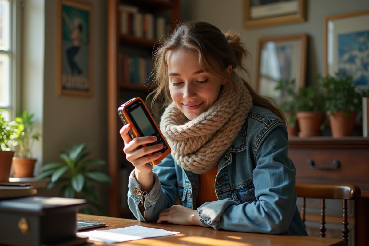 Jeune femme vintage denim et smartphone orange noir