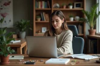 Jeune femme concentrée sur un ordinateur vintage dans un espace cosy