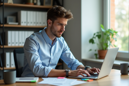 Jeune homme au bureau travaillant sur son ordinateur