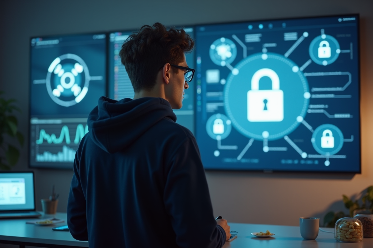 Jeune homme regardant un écran avec des icônes de sécurité numérique