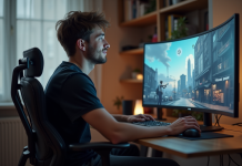 Écran ultra large pour le jeu : avantages et inconvénients à connaître Jeune homme jouant sur un grand écran incurvé dans un bureau moderne