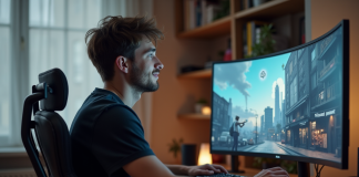 Écran ultra large pour le jeu : avantages et inconvénients à connaître Jeune homme jouant sur un grand écran incurvé dans un bureau moderne