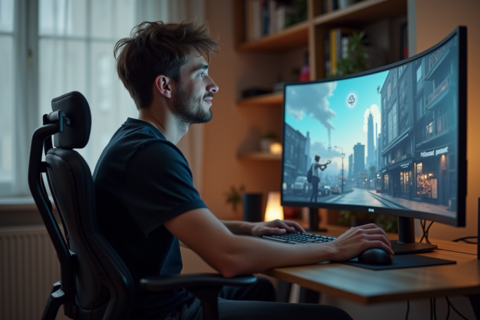 jeune-homme-gaming-ecran-large Jeune homme jouant sur un grand écran incurvé dans un bureau moderne
