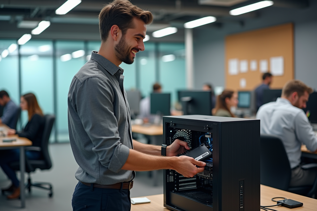 Jeune homme installe un SSD dans un ordinateur au bureau