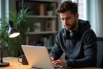 Jeune homme concentré sur son ordinateur dans un bureau moderne
