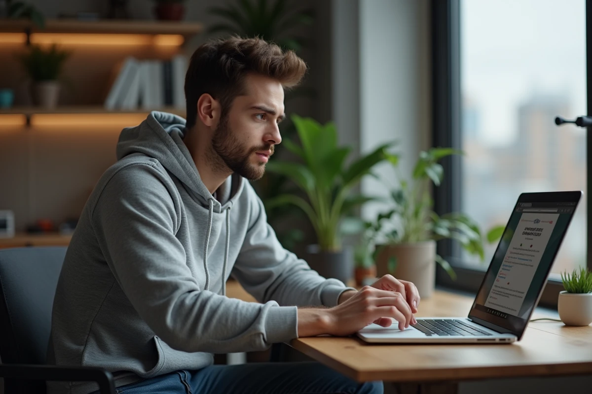 Jeune homme concerné devant un ordinateur avec erreur