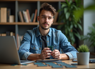 Jeune homme examine des processeurs sur un bureau moderne