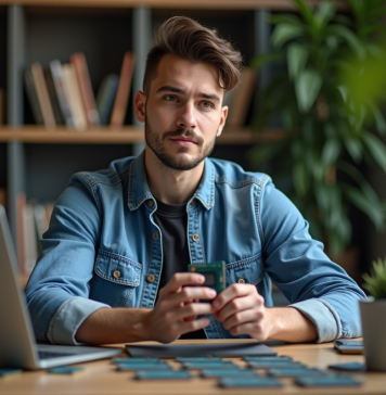 Comparatif des processeurs Intel les plus puissants : comment choisir le meilleur ? Jeune homme examine des processeurs sur un bureau moderne