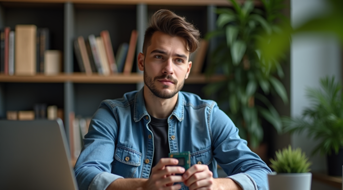 Jeune homme examine des processeurs sur un bureau moderne