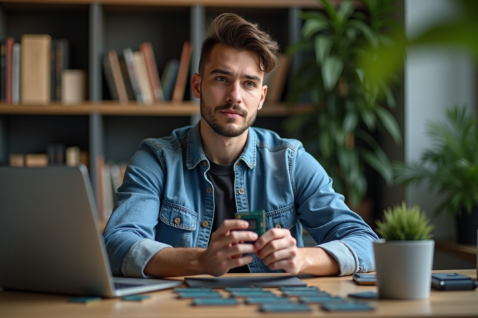 jeune-homme-ordinateur-processors Jeune homme examine des processeurs sur un bureau moderne