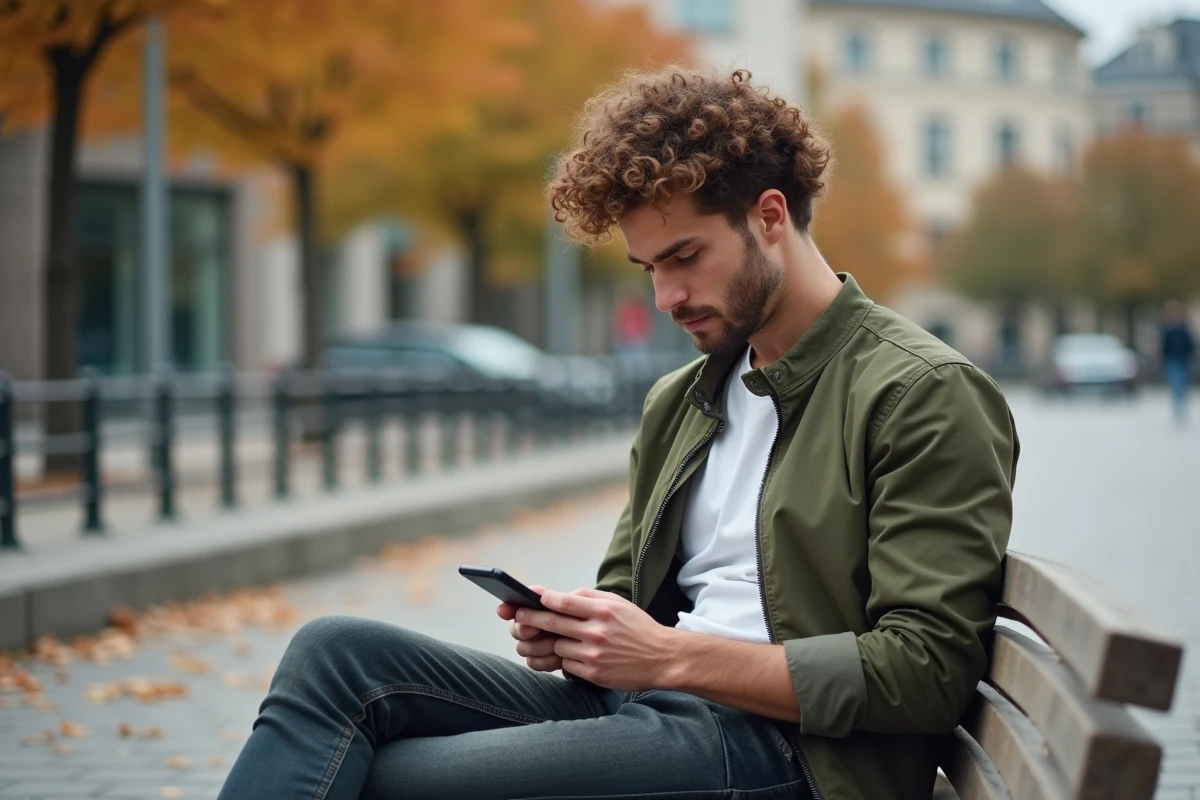 Jeune homme rechargeant sa carte prépayée Réglo Mobile en extérieur