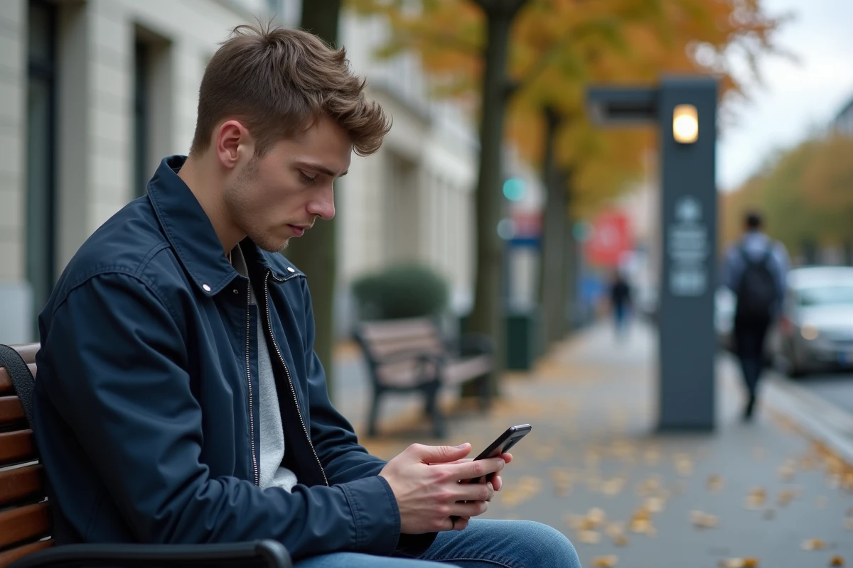 Jeune homme vérifiant son smartphone sur un banc public