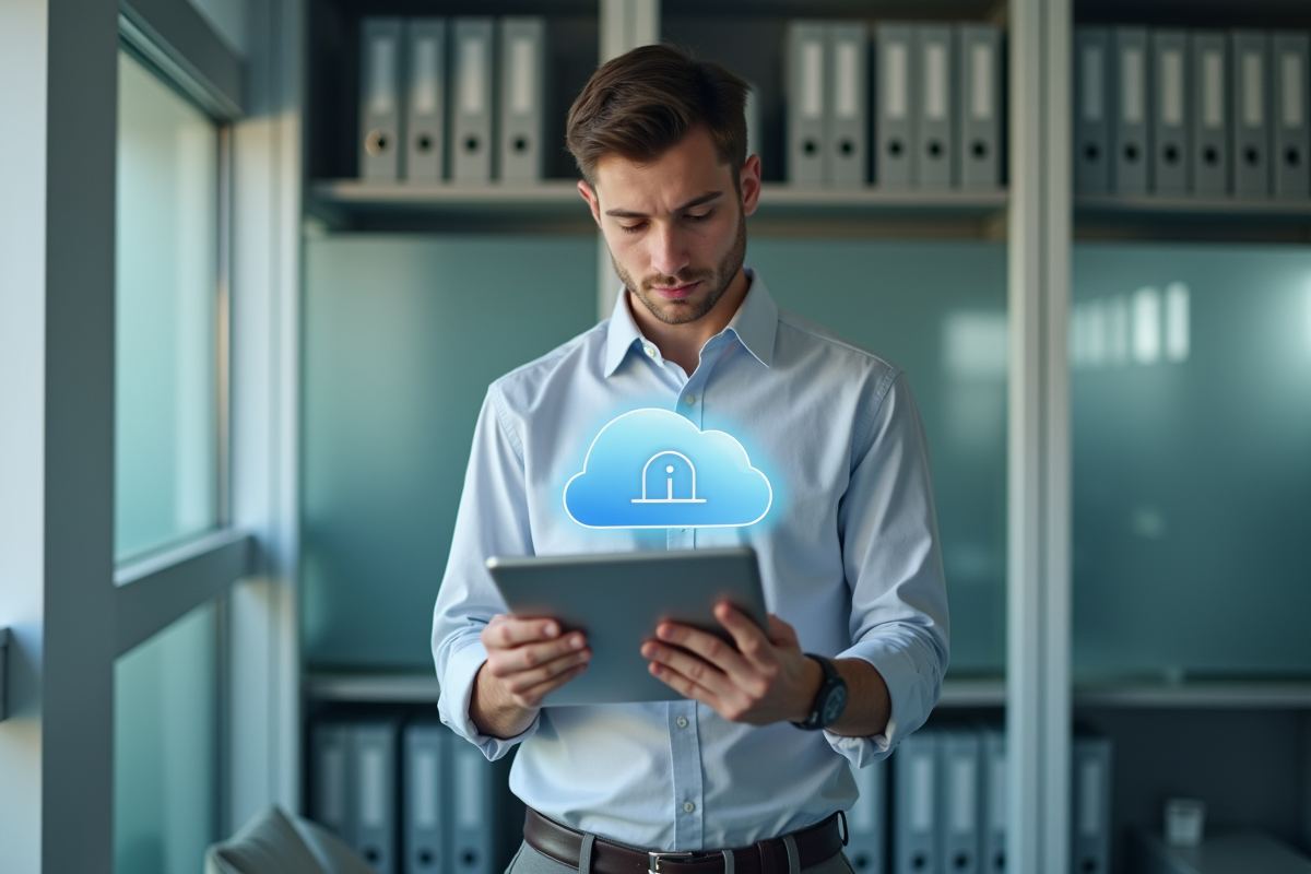 Jeune homme professionnel utilisant une tablette en bureau