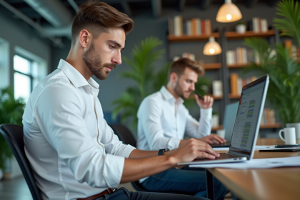 Jeune homme concentré travaillant sur un ordinateur dans un bureau moderne