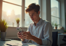 Jeune personne ajustant les paramètres d'un smartphone Android dans un espace lumineux