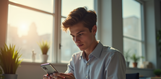 Jeune personne ajustant les paramètres d'un smartphone Android dans un espace lumineux