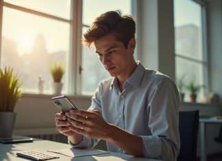 Jeune personne ajustant les paramètres d'un smartphone Android dans un espace lumineux