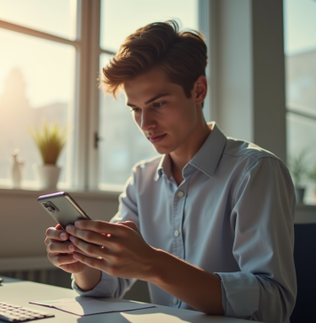 Jeune personne ajustant les paramètres d'un smartphone Android dans un espace lumineux