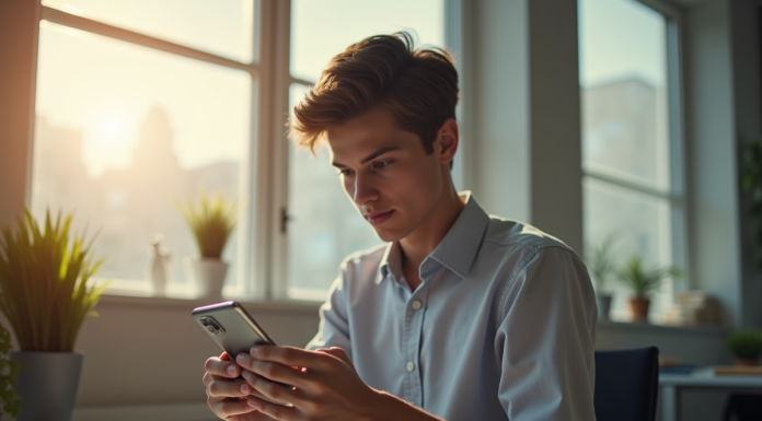 Jeune personne ajustant les paramètres d'un smartphone Android dans un espace lumineux