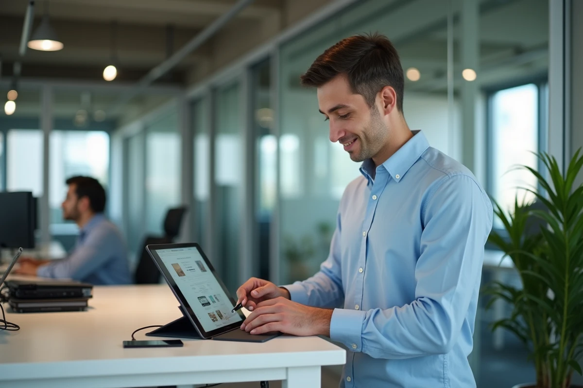Jeune professionnel consultant l'interface webmail IONOS sur tablette dans un espace de coworking moderne