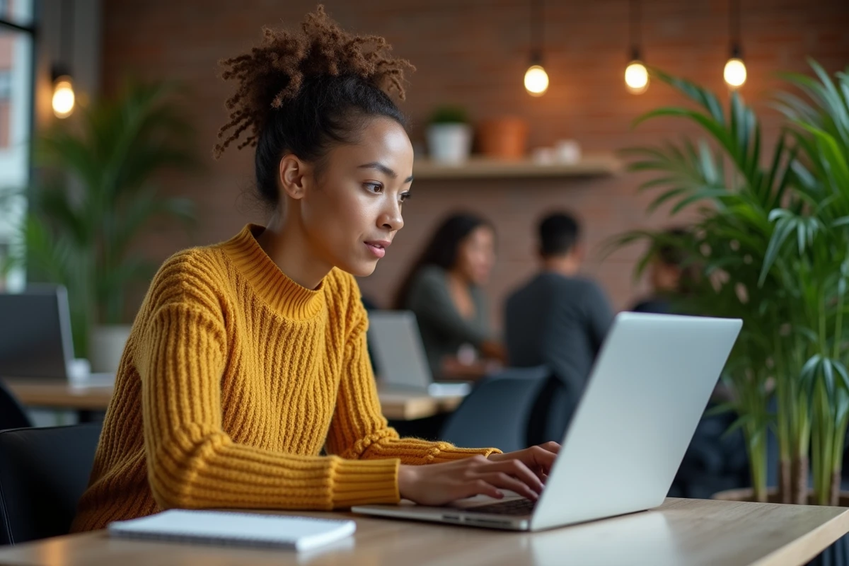 Jeune professionnel en espace de coworking utilisant SCRIBENS pour corriger ses écrits professionnels sur ordinateur