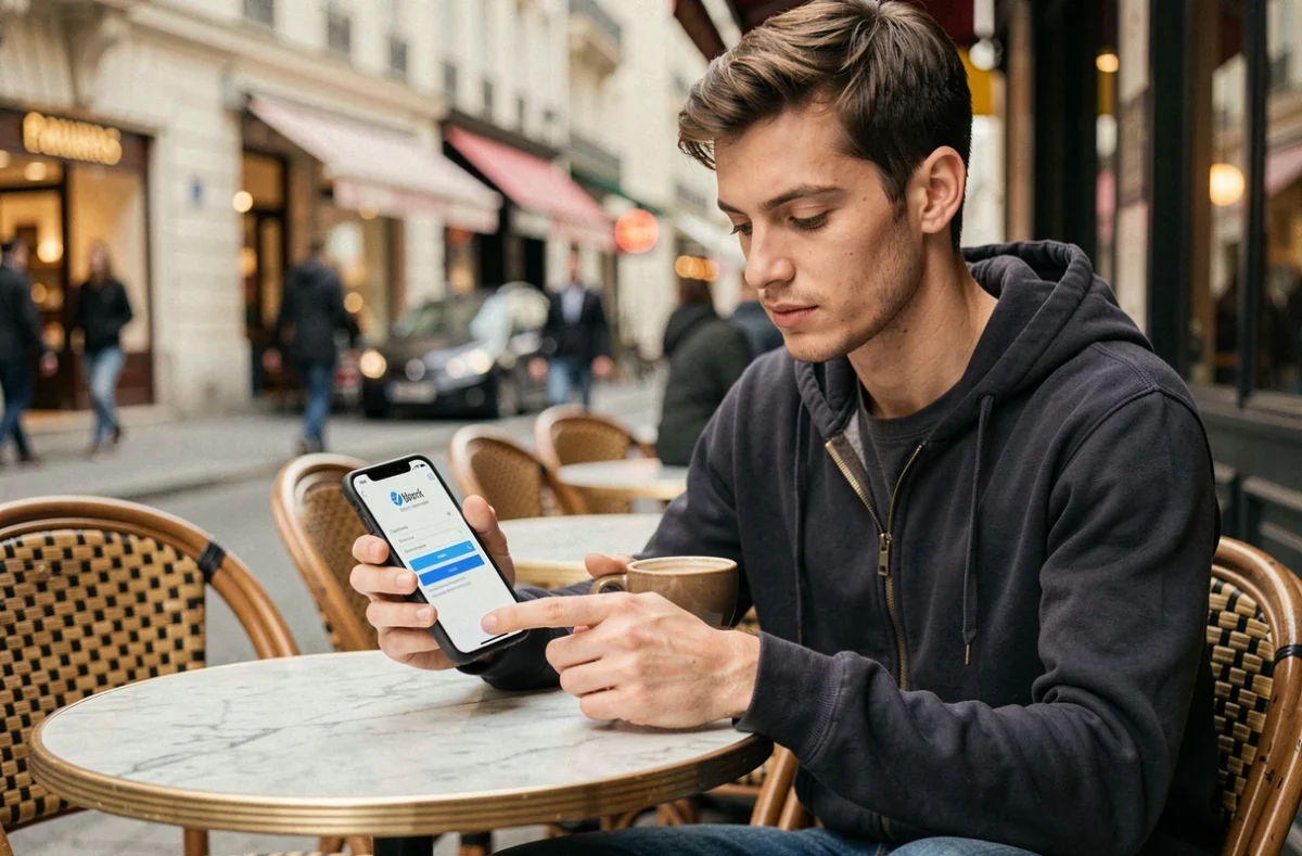 Jeune professionnel utilisant Melanie2 web sur mobile dans un café parisien en sécurité