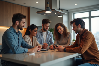 Groupe de jeunes adultes utilisant des appareils connectes dans une cuisine moderne