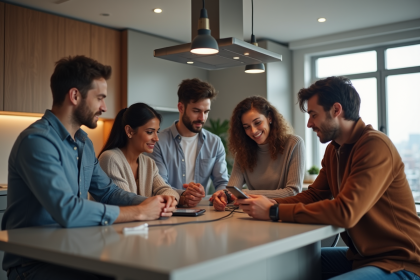 Groupe de jeunes adultes utilisant des appareils connectes dans une cuisine moderne