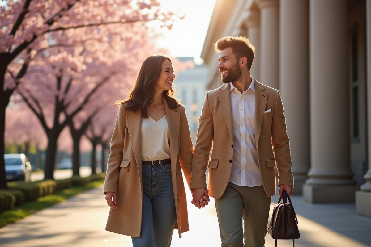 Jeunes amoureux souriants devant la mairie au printemps