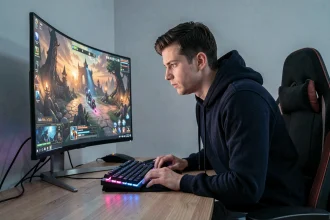 Joueur immergé devant un écran OLED 27 pouces affichant un jeu vidéo en haute définition dans un bureau gaming moderne