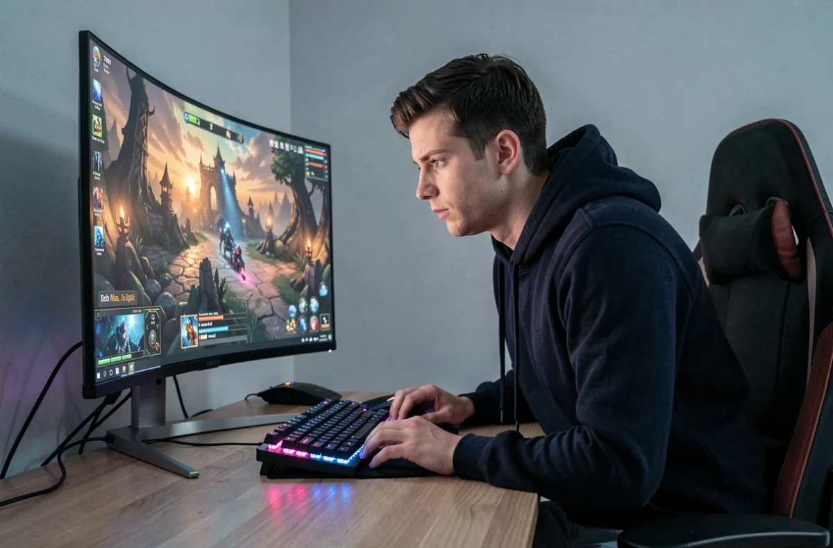 Joueur immergé devant un écran OLED 27 pouces affichant un jeu vidéo en haute définition dans un bureau gaming moderne