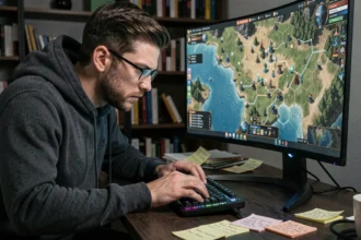 Joueur concentré devant un PC gaming jouant à un jeu de stratégie complexe sur grand écran ultrawide