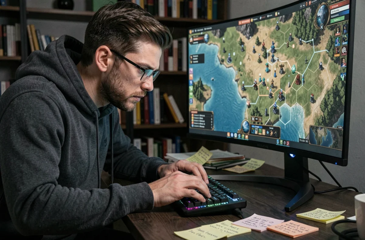 Joueur concentré devant un PC gaming jouant à un jeu de stratégie complexe sur grand écran ultrawide
