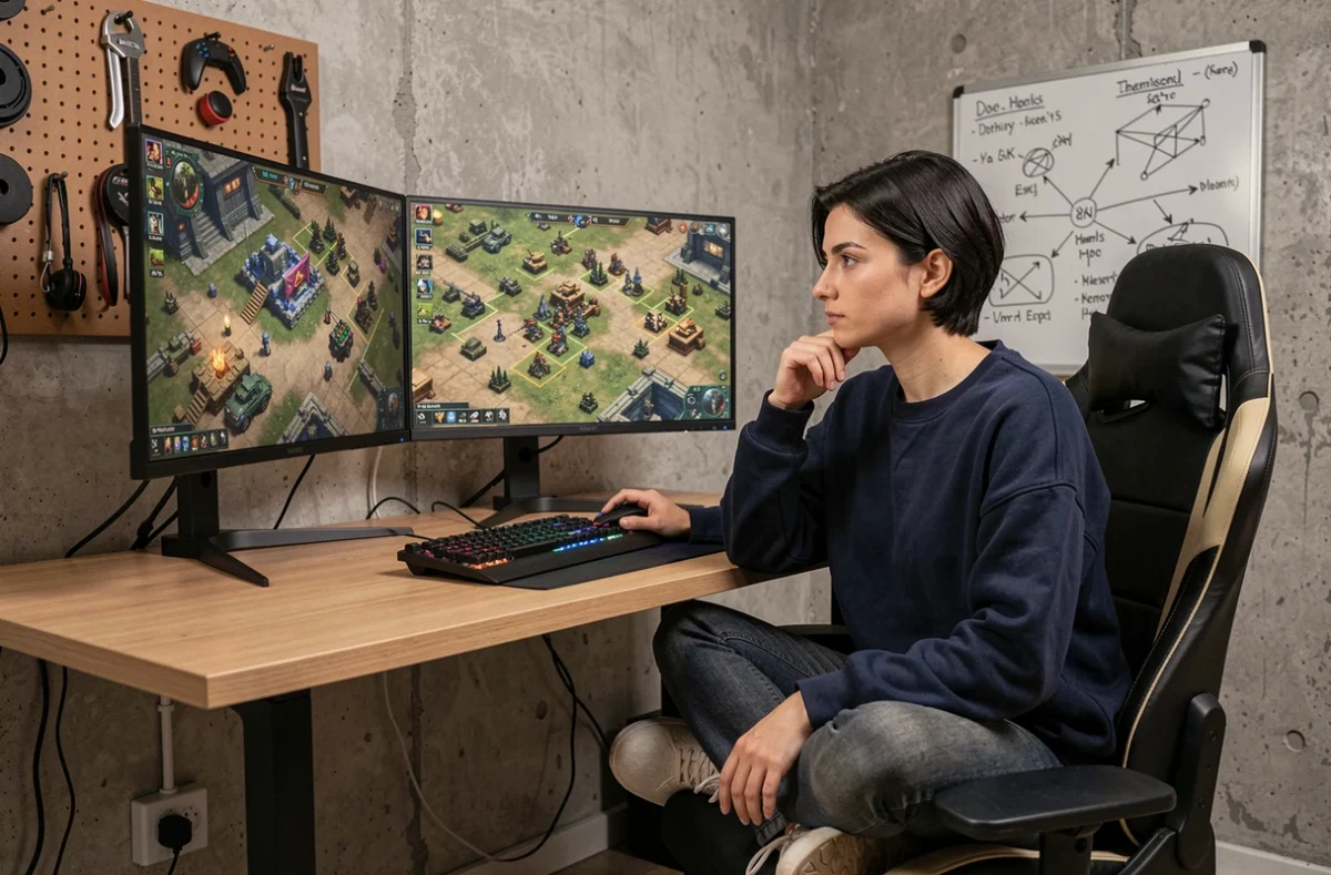 Joueuse stratège assise devant deux moniteurs PC affichant un jeu de stratégie en temps réel complexe