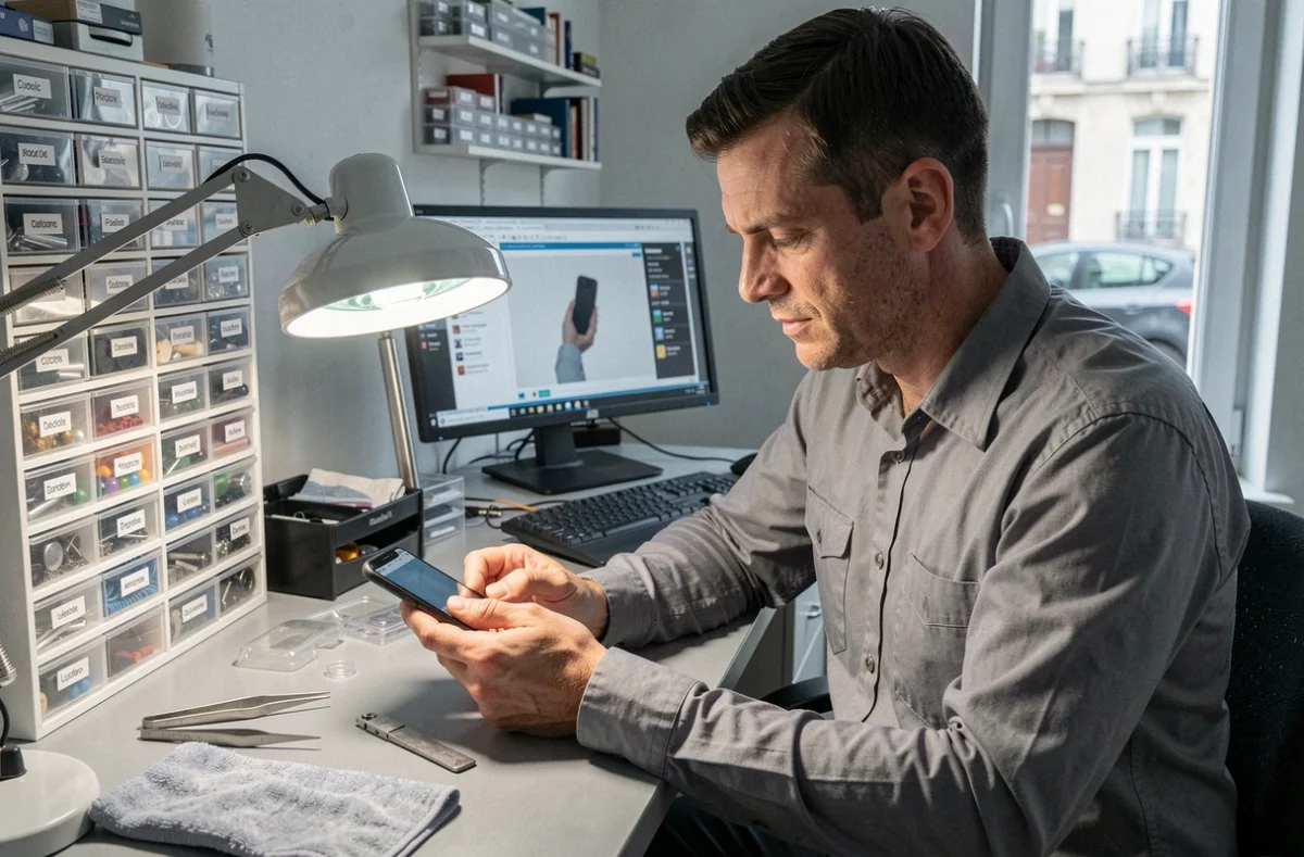 Ludovic, expert en réparation mobile à Compiègne, inspectant un smartphone démontés sous une loupe de bureau dans son atelier