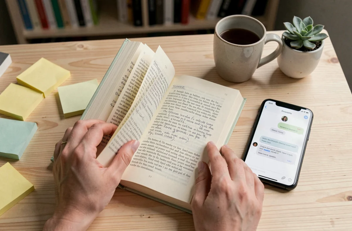 Mains tenant un livre annoté et un smartphone avec interface IA, symbolisant la convergence des valeurs humaines et de l'intelligence artificielle constitutionnelle