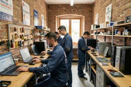 Vue d'ensemble d'un atelier de dépannage informatique en Vendée avec des techniciens travaillant sur des ordinateurs