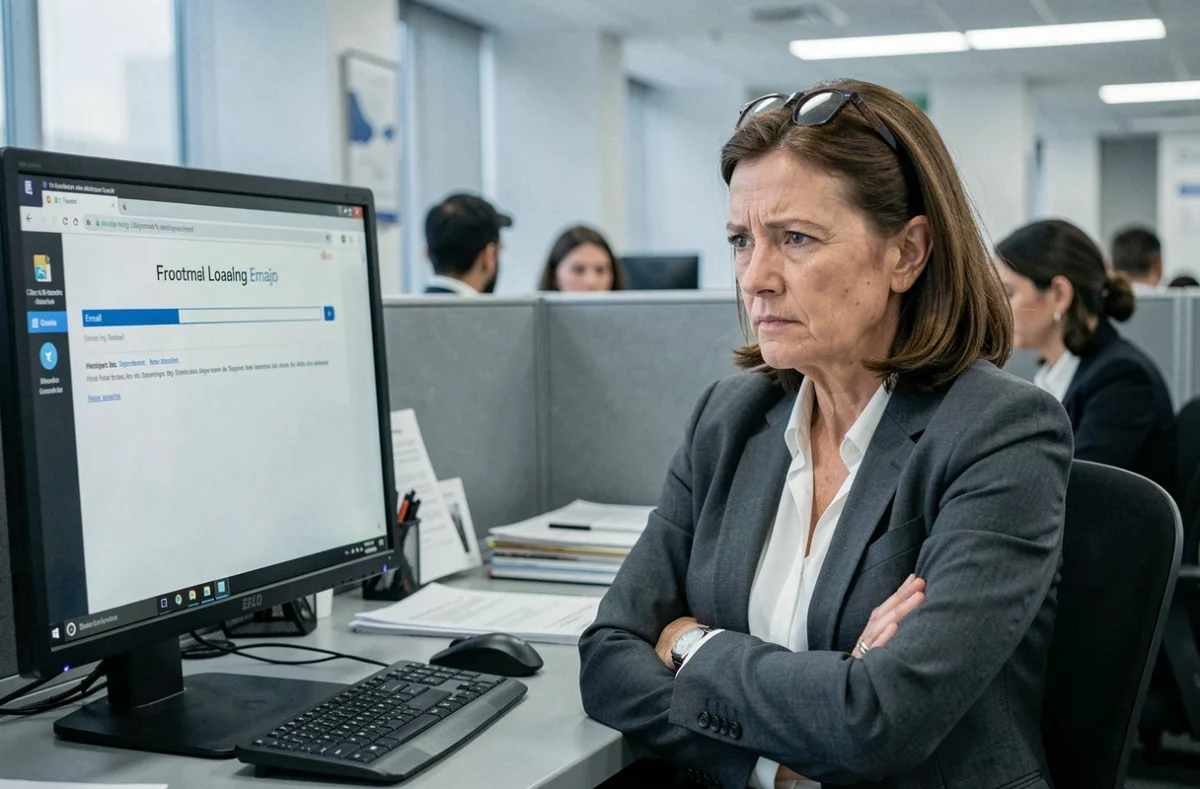 Femme en open space attendant le chargement lent de sa messagerie web au bureau