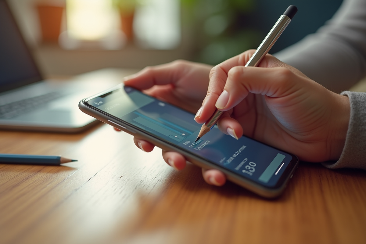 Main tenant un smartphone avec une application de mesure sur un bureau en bois