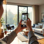 Personne utilisant un smartphone pour mesurer un salon avec réalité augmentée